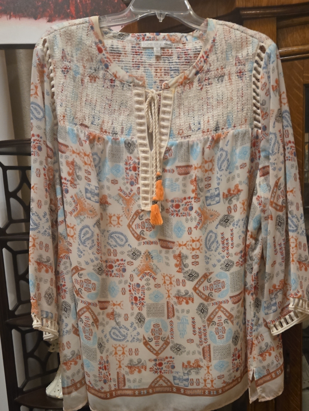 Boho Printed Tie-Front Peasant Tunic in Cream, Rust & Light Blue